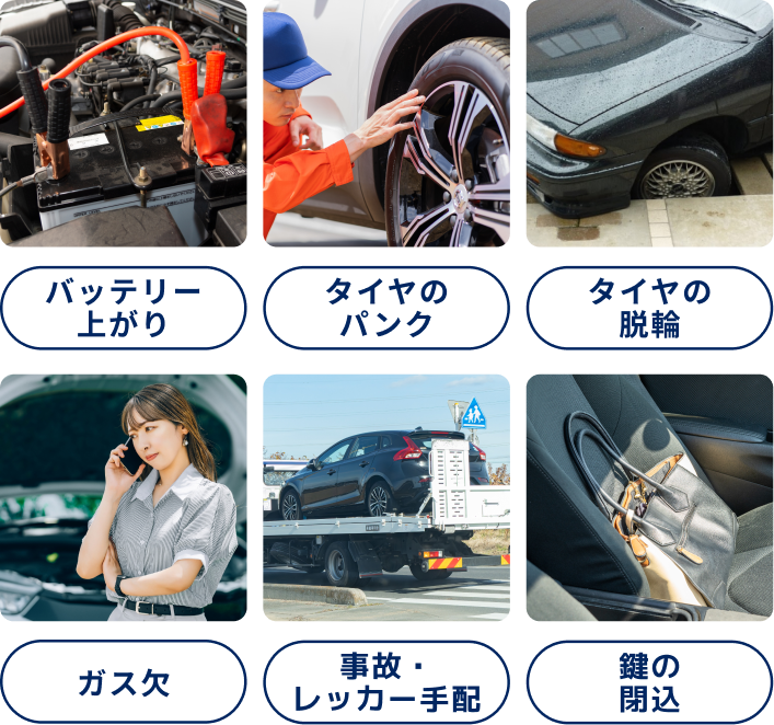 バッテリー上がり、タイヤのパンク・脱輪、ガス欠、事故レッカー、鍵の閉じ込み——車のトラブル対応メニューを一覧で示す画像